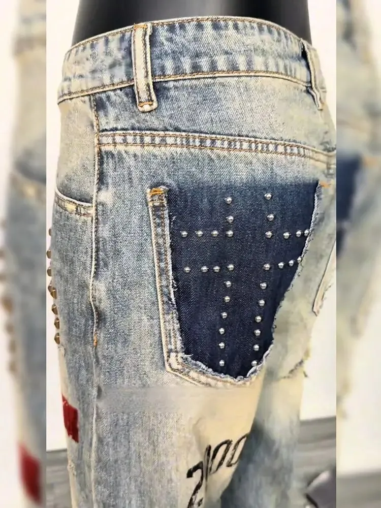 Men's Rivet Hole Design Street Retro Jeans Casual Pant Vintage Boys Straight Unisex Sweatpants Male High Waist Wide Leg Trousers