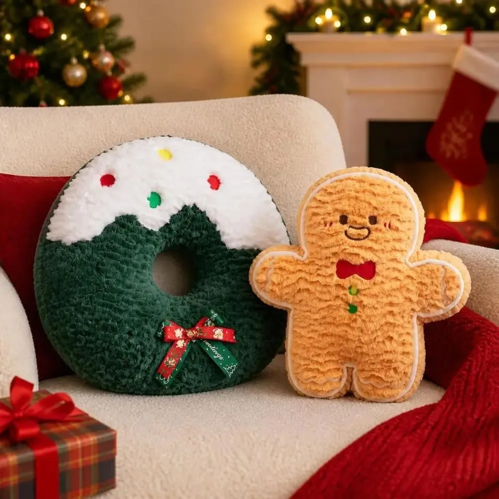 Cute Creative Shape Christmas Pillow Seasonal Pattern Soft Gingerbread Man Cushion Comfortable Waist Cushion Home Decor