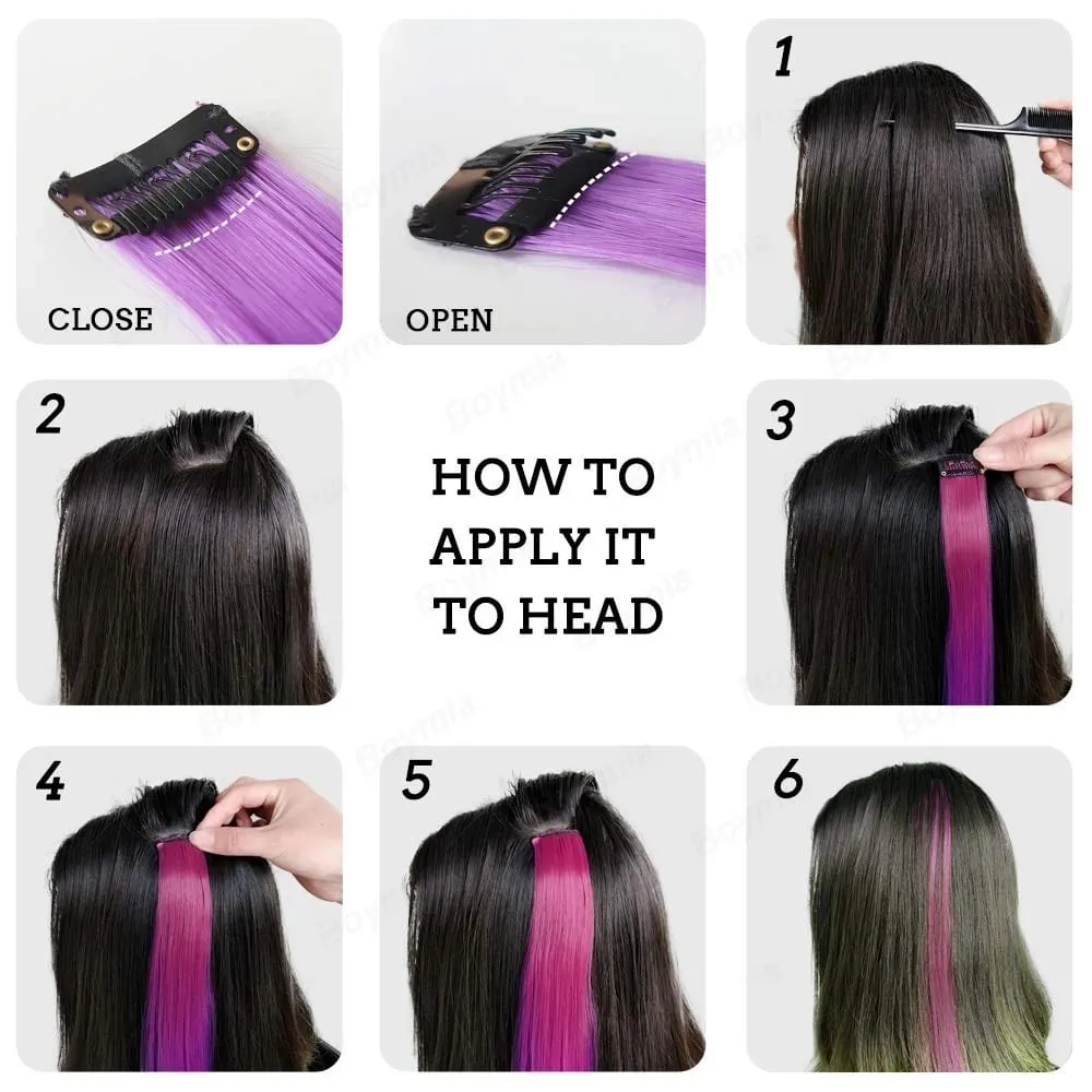 6PCS Colored Purple Hair Extensions Clip in Hair Extensions Straight Human Hairpiece for Halloween Christmas Cosplay 16Inches