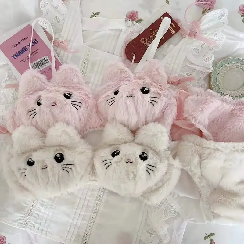 Japanese Kawaii Plush Women Bra Set Cute Girl Cat Comfortable Bra Set Cartoon Underwear Lovely Soft Student Lingerie