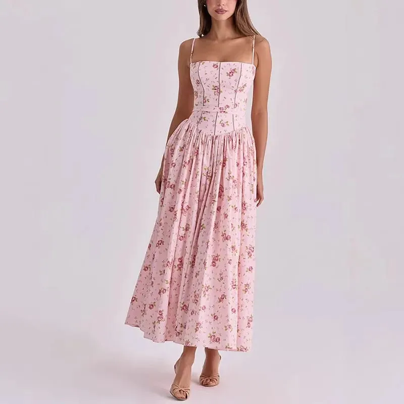 Floral Print Spaghetti Strap Maxi Dress Square Neck Corset Waist A-Line Elegant Dresses Casual 2026 Summer Vacation Chic Outfit