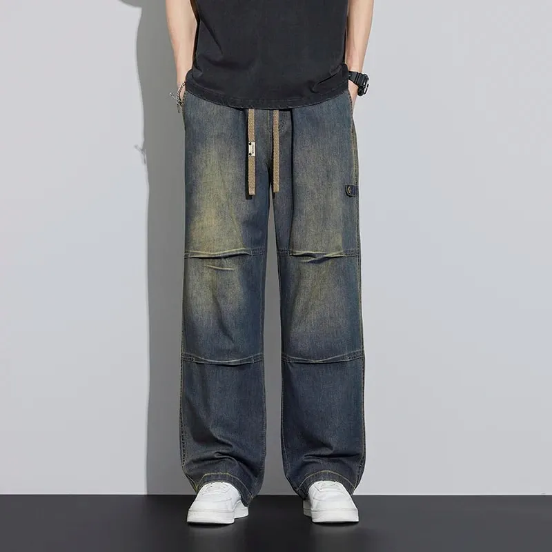 2026 New Japanese Style Textured Grid Men's Jeans Plus Size Loose Straight Vintage Washed Casual Daily Denim Pants