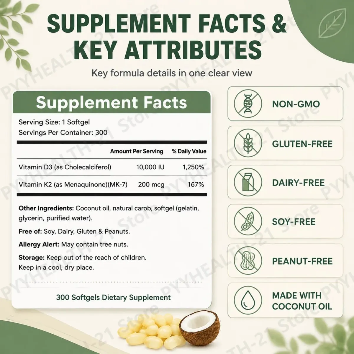 Vitamin D3 10000 IU K2 MK-7 200 mcg Softgels with Coconut Oil 2 in 1 Supports Strong Bones Immune Function Heart Health 300 Ct