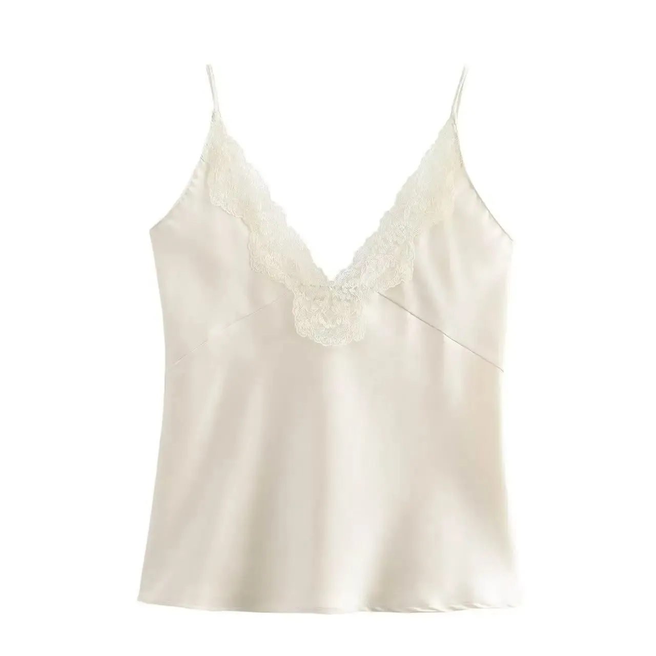 Women Lace Patchwork Tanks Tops Satin V-neck Solid Sleeveless Camisole Summer Women Spaghetti Strap Mini Tops Fashion Slim Camis