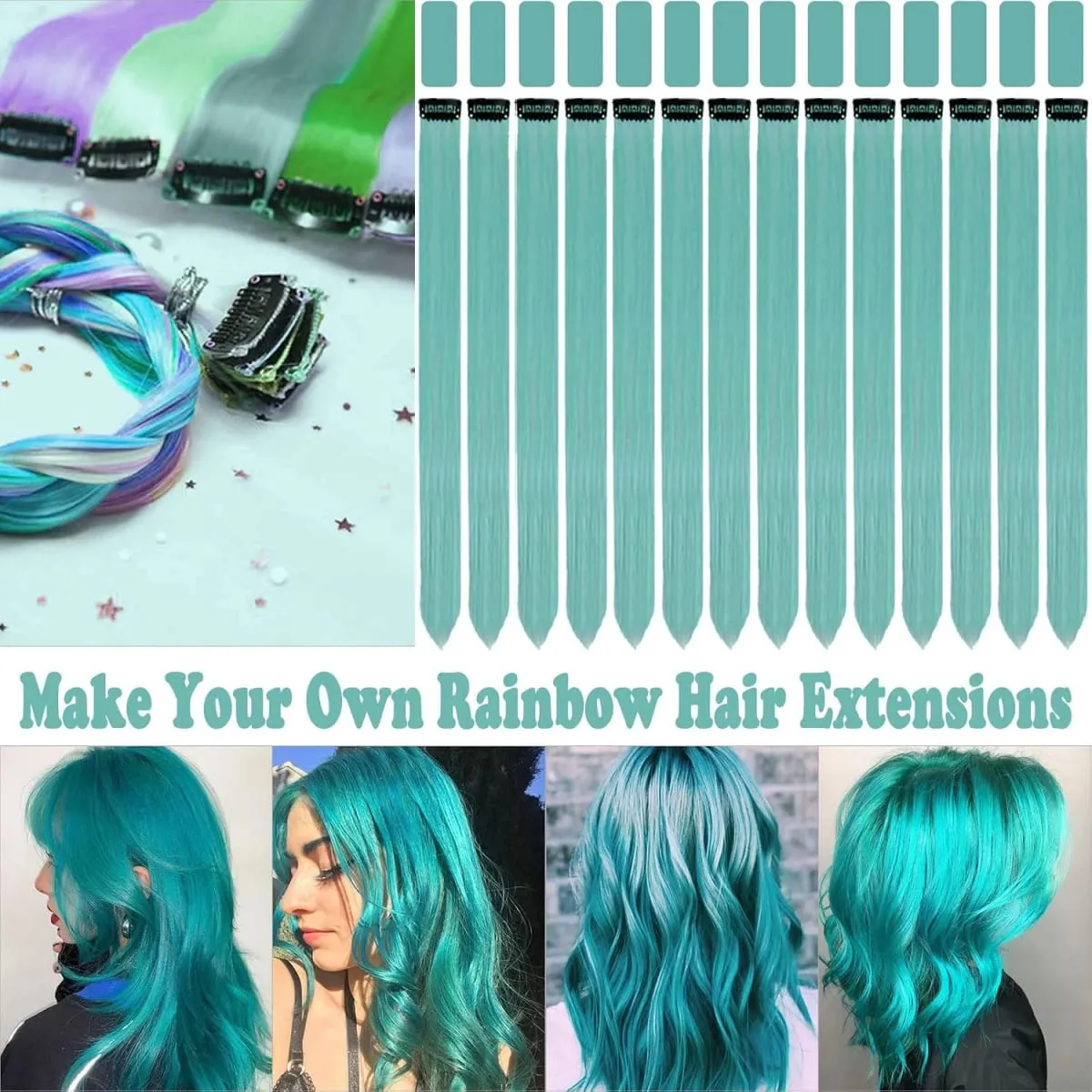 14 PCS Teal Blue Hair Extensions Clip in 22 Inch Colored Party Synthetic Neon Highlights Extensions Rainbow Hair Accessories