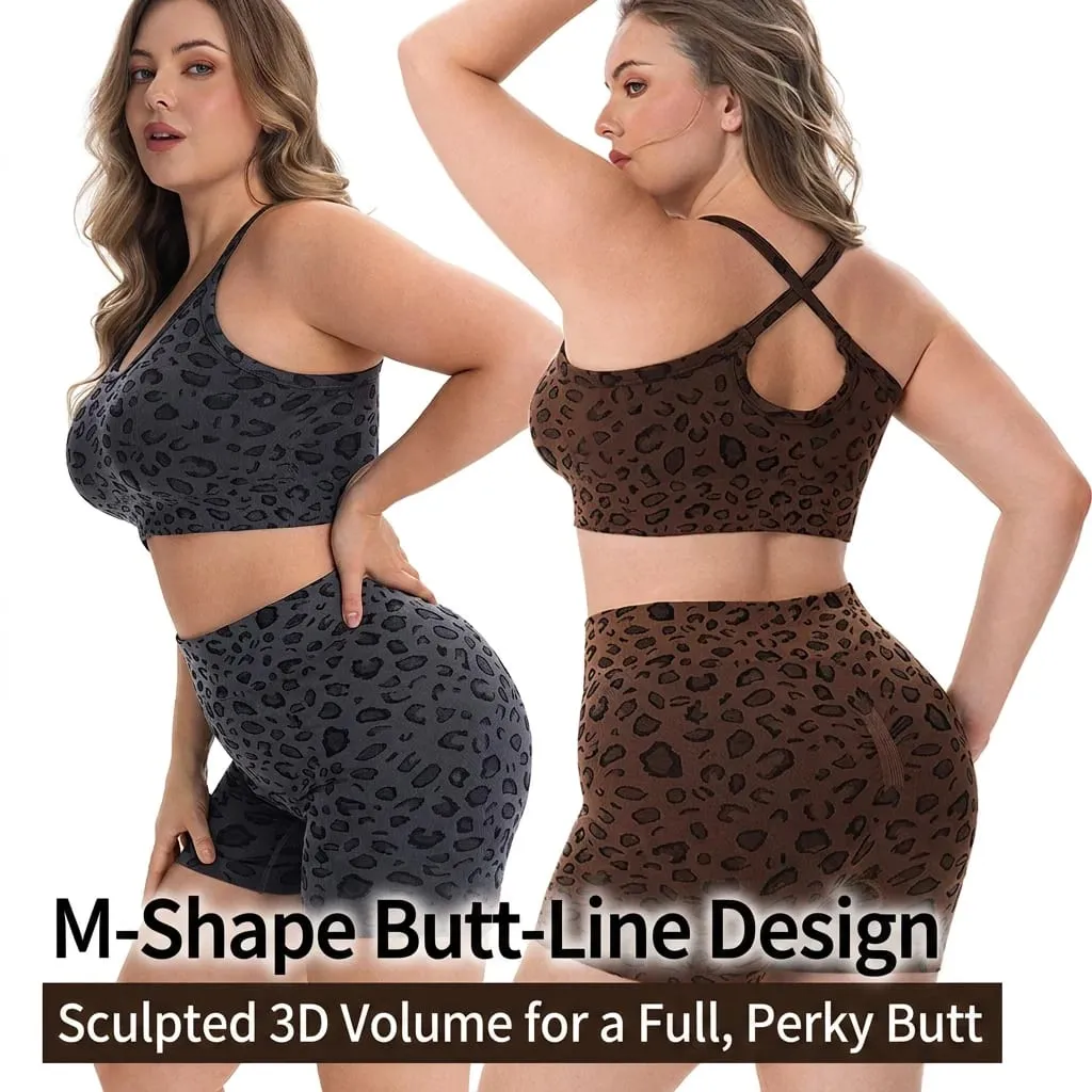 Women Plus Size Leopard Print Workout Set High Waist Tummy Control Shorts Padded Racerback Sports Bra 2PCS Gym Yoga Running Wear