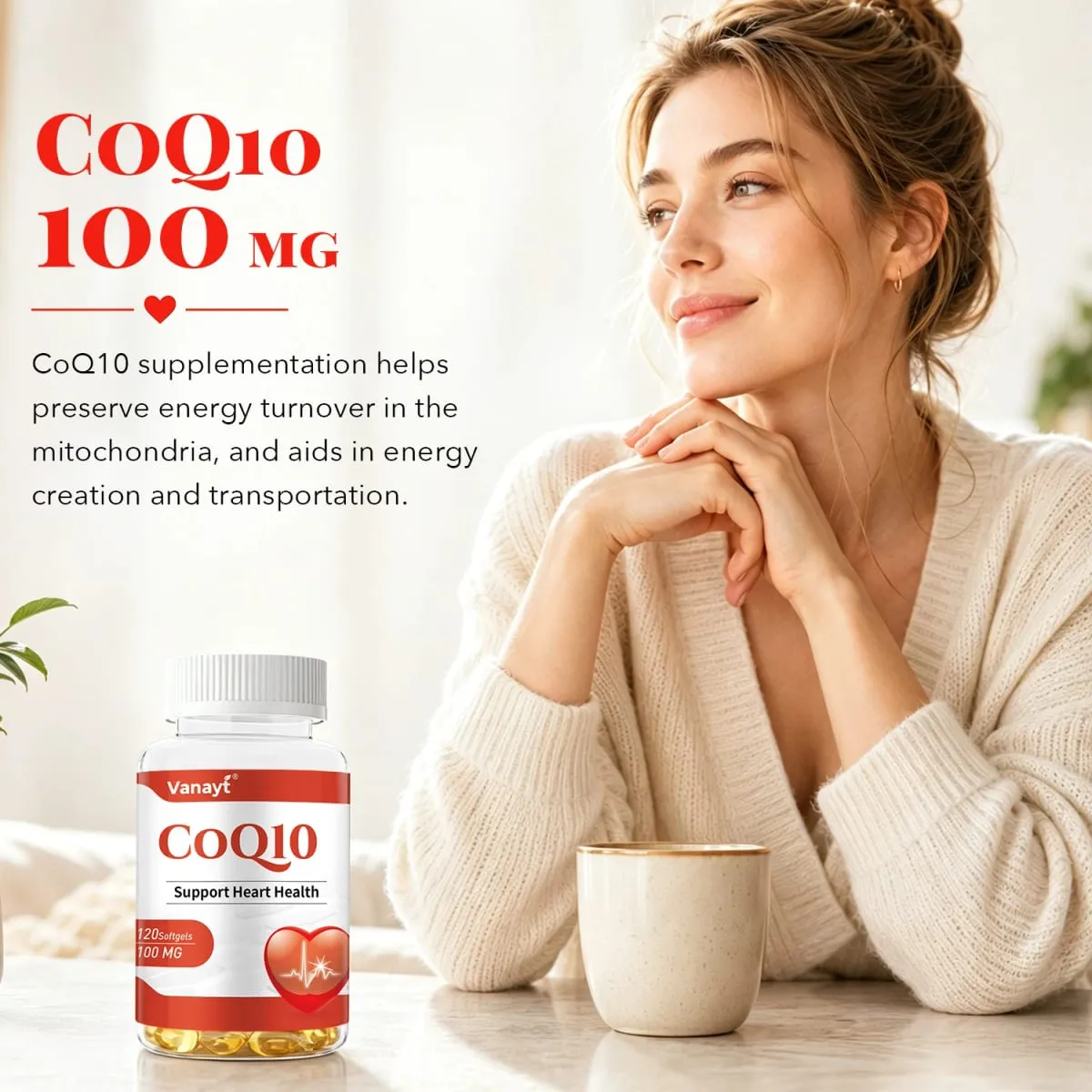 120pcs Coenzyme Q10 100mg Capsules Support Heart Cardiovascular Health Boost Energy Antioxidant Supplement