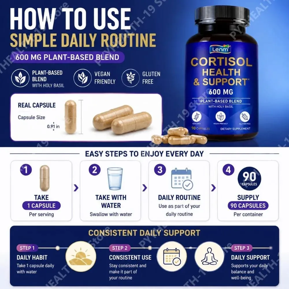 Lenm Cortisol Health Support Capsules Ashwagandha Rhodiola Holy Basil L-Theanine For Stress Balance & Relaxation Adult 90 Count