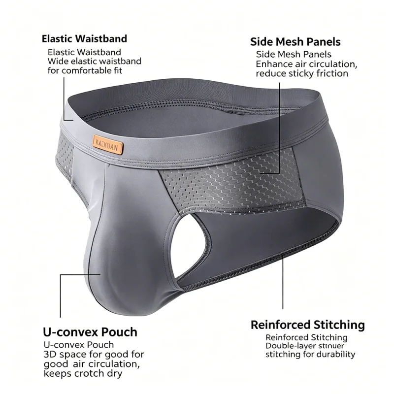 Men's Summer Ice Silk Mesh Briefs Quick Dry U-Pouch Separated Crotch Breathable Underwear Triangle Design for Comfort