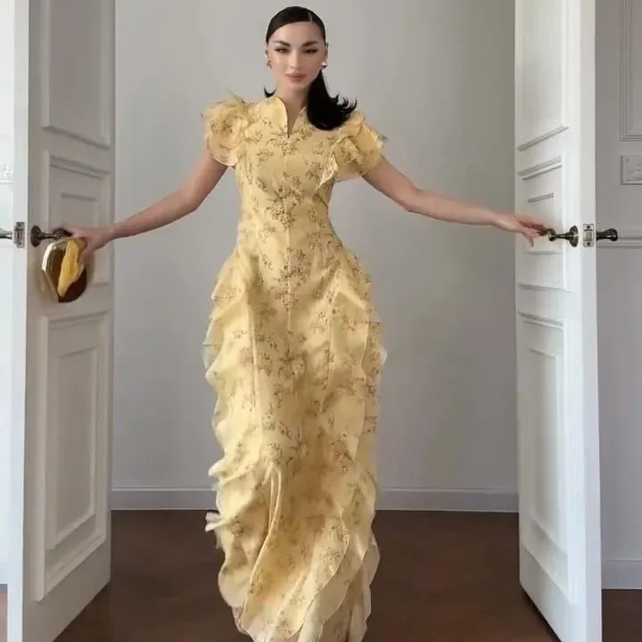 Floral Print Lace Trim Flutter Sleeve Maxi Dress Deep V-Neck High-Low Chiffon 2026 Summer Chic Romantic Women Feminine Gown