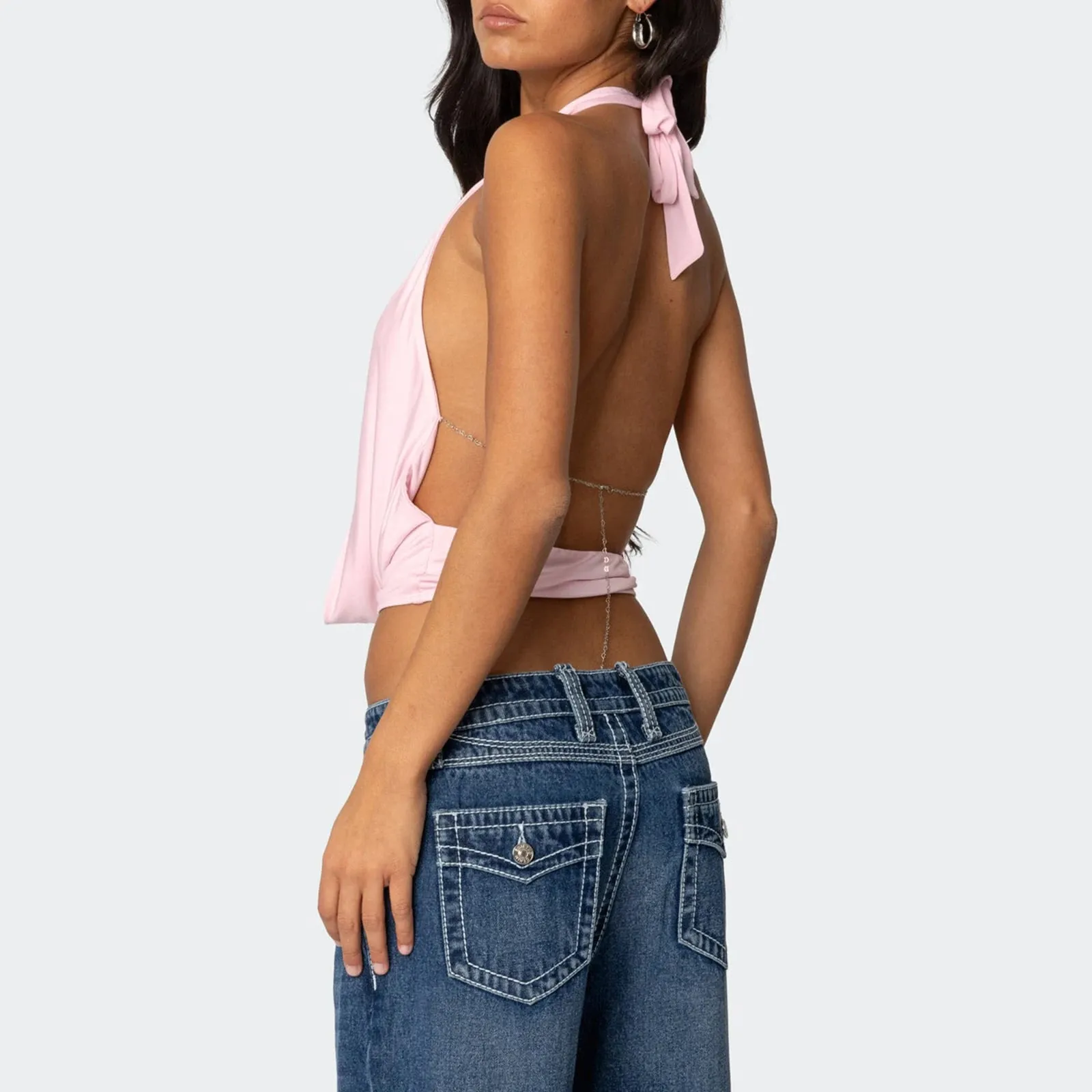 Women Sexy Y2K Clothes Halter Tank Tops Sexy Cowl Neck Sleeveless Backless Open Back Crop Top 90s Vintage Deep V Neck Cami Vests