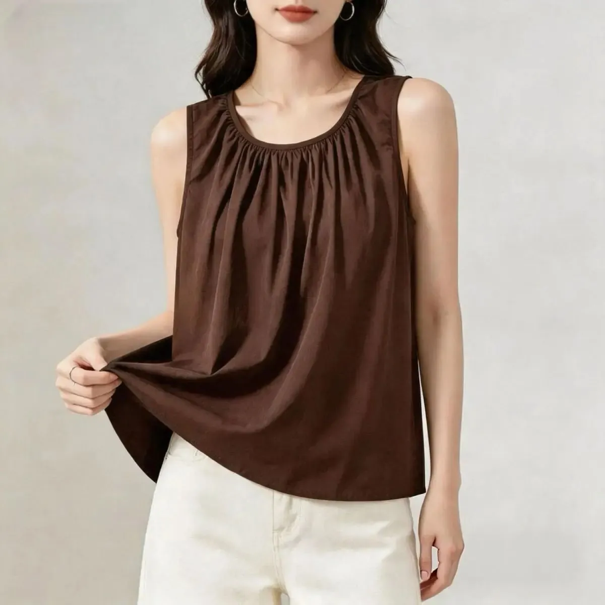 Street Casual Pleated Solid Simplicity All-match Tops Summer New Sleeveless Loose Elegant T Shirts Fashion Trend Women Clothing