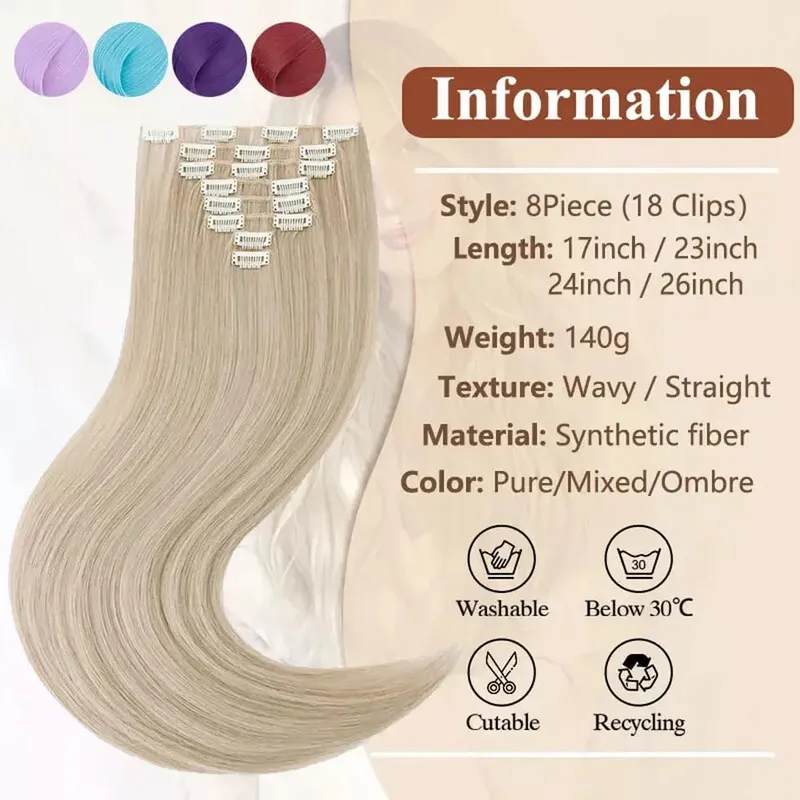 8 pçs/set Longo Reto 24 Polegadas Cabelo Sintético Cabeça Cheia Grampo em Extensões de Cabelo Clipe Em Postiços Para As Mulheres Cor Ombre