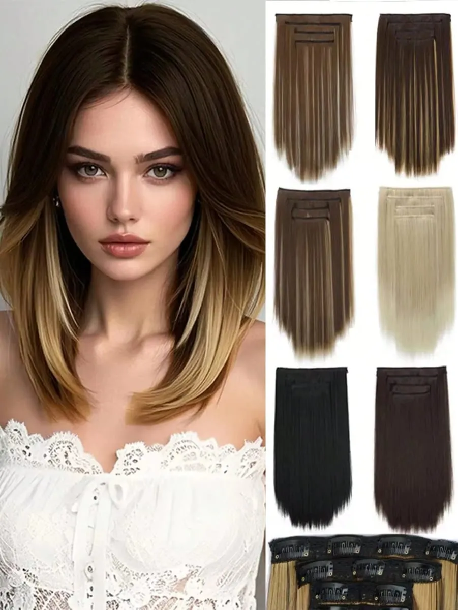 14Inch Synthetic Long Straight Hair Extension 4pcs/set Black Brown Blonde Adds Volume Hairpiece for Women