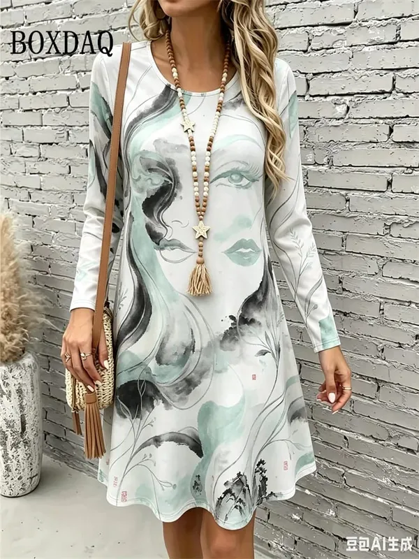 2026 New Women's Dresses Autumn Fashion Streetwear Abstract Painting Floral Print Dress Casual Long Sleeve Loose A-Line Dress