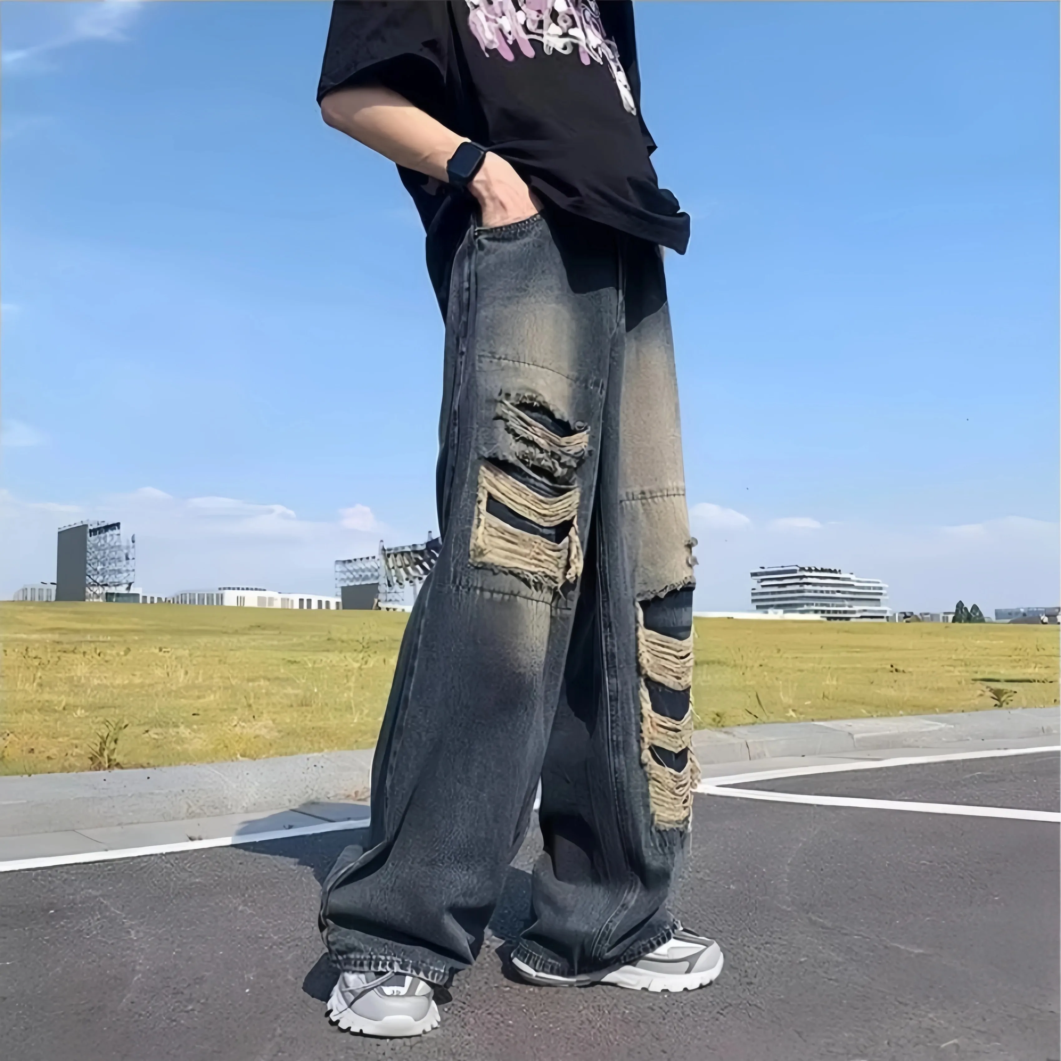 Vaqueros de pierna ancha holgados con lavado vintage oscuro para hombre Detalle rasgado deshilachado de múltiples capas Estilo urbano de Hip Hop Salida informal a la calle para uso diario Pantalones de mezclilla sueltos