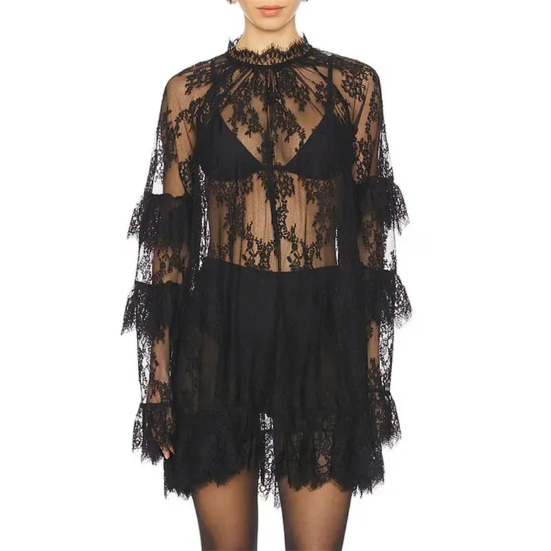 Women's See Through Lace Dress Long Sleeve Crew Neck Casual Loose Sheer Dress Vacation Beach Cocktail Mini Dresses