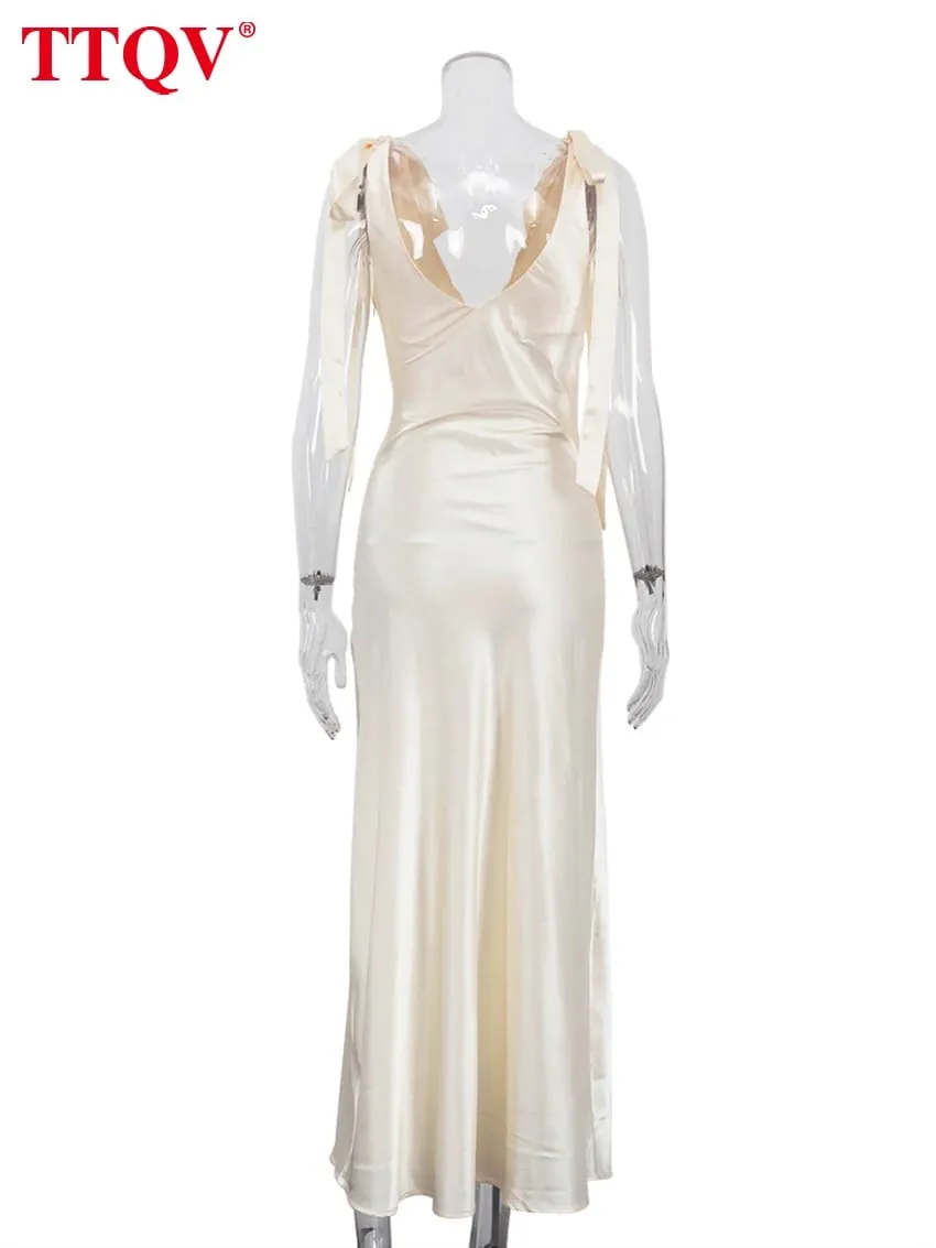 Sexy Loose Yellow Satin Women's Dress 2026 Summer V-Neck Sleeveless Maxi Dresses Elegant Classic Lace-Up Female Dress