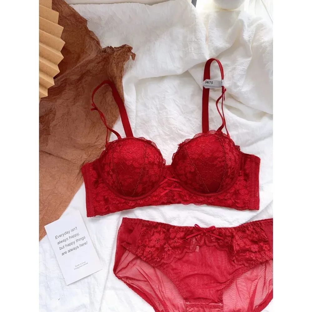 Sweet French Lace Women Bra Set Wire Free Push Up Lingerie Top Side Support Anti Sag Brassiere Panty Suit For Small Bust 32‑38