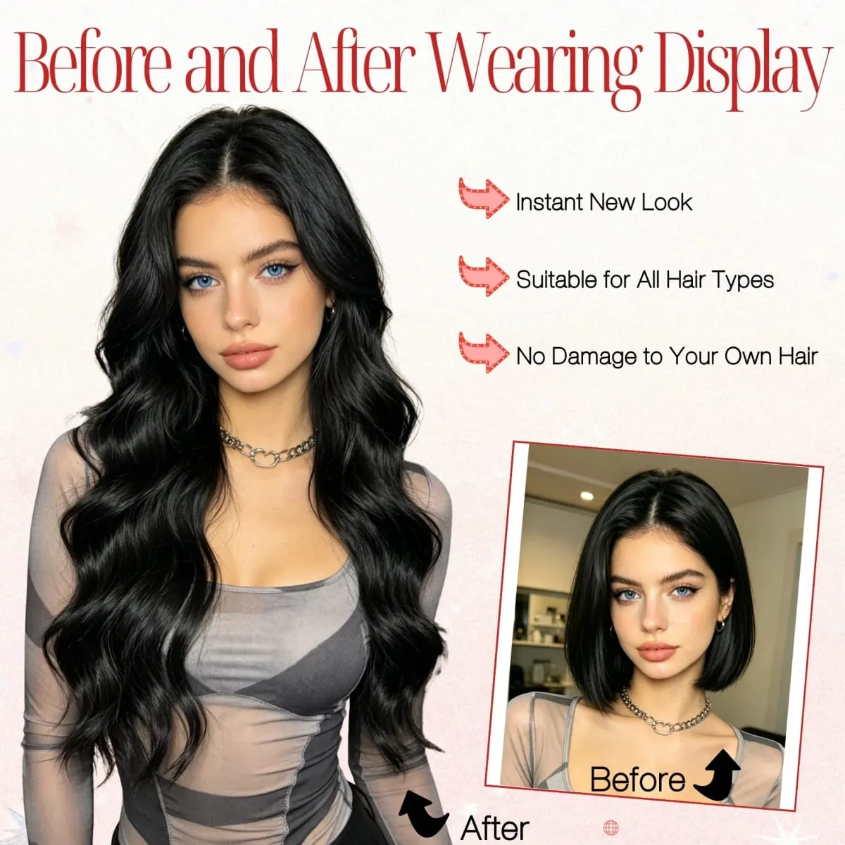 4-Piece Set Women's Synthetic Clip-in Wig Extensions Long Wavy Thick Clip-in Wig Pieces Voluminous Wig
