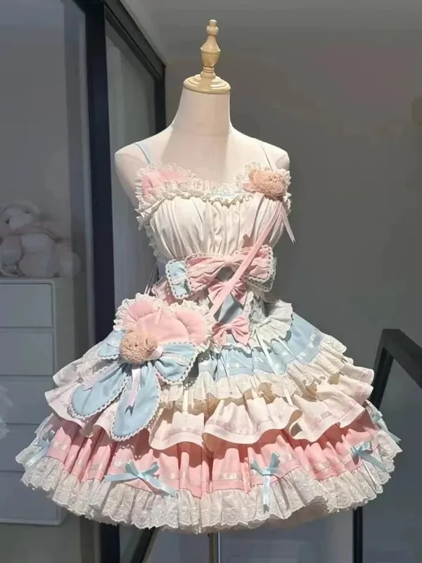 2026 Sweet Lolita Y2k Mini Dresses Women Lace Patchwork Short Sleeve Elegant Bandage French Vintage Short Party Dress Female