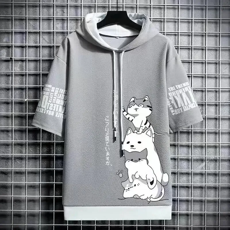 Hoodie Pria Fashion Jepang Pakaian Pria Musim Panas Atasan Bertudung Gambar Cetak Pakaian Jalanan Harajuku Kasual Kartun Kaus Pria Lengan Pendek