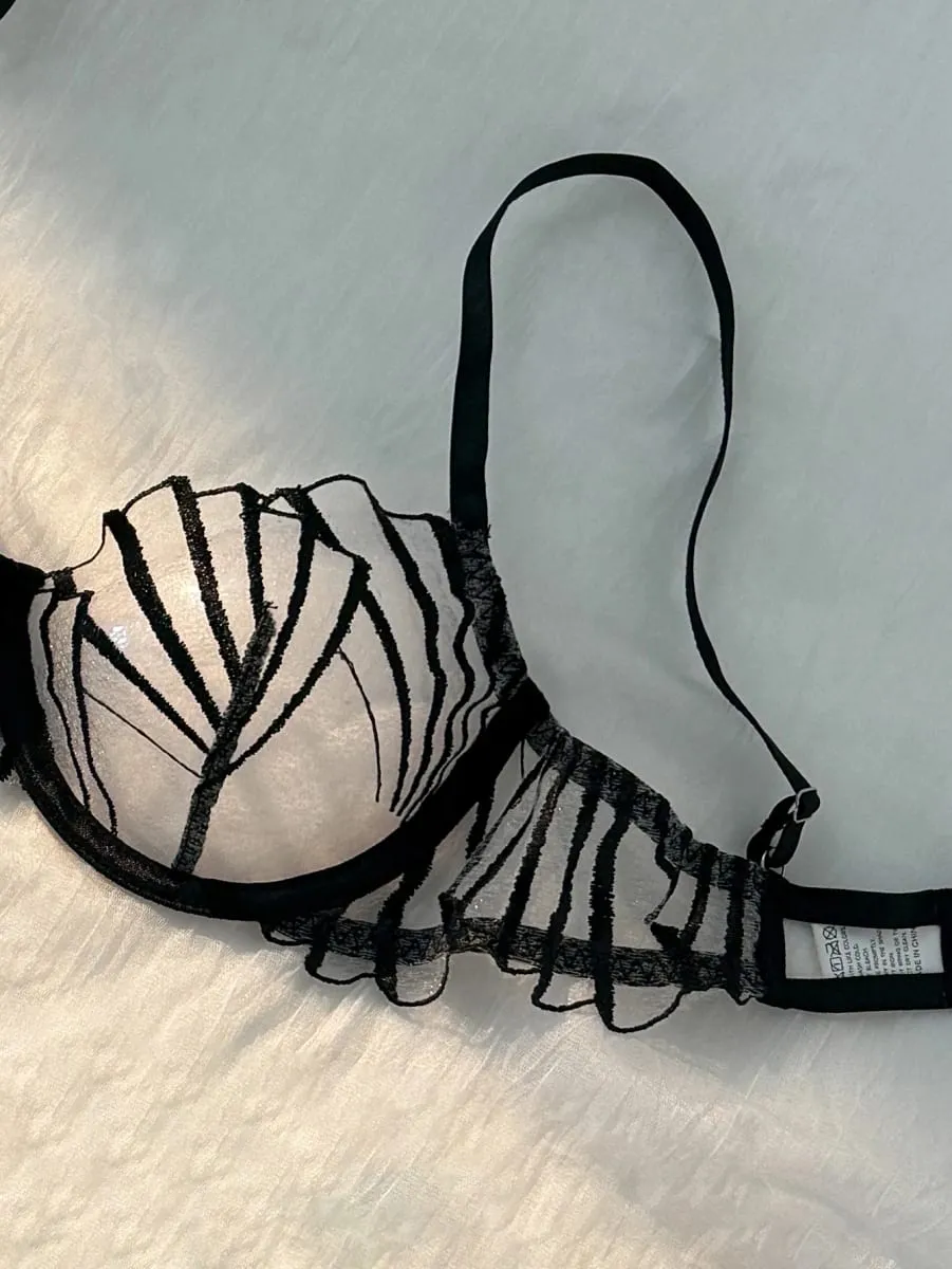 Women Black Geometric Embroidery Lingerie Set Ruffle Trim Underwire Bra Thong Sheer Mesh Stylish Intimate Underwear ZA824058