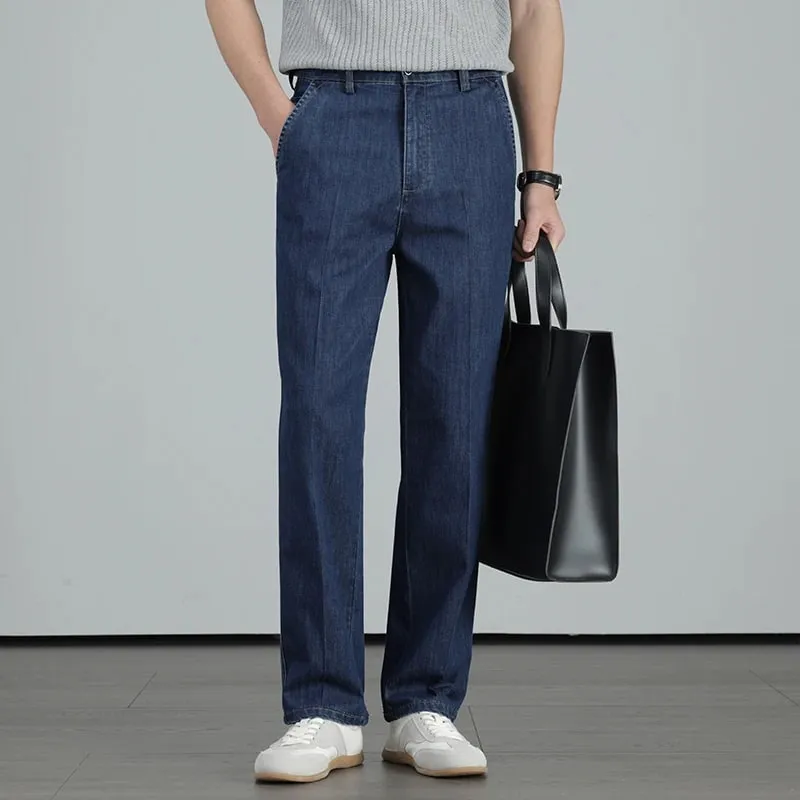 2026 Summer High Quality Clothing Men's Lightweight Straight Jeans Silk Lyocell Business Casual Thin Trousers Denim Pants
