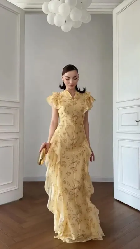 Moda kadın Baskılı Fırfırlı Elbise Zarif Kısa Kollu Kadın V Yaka Maxi Elbiseler 2026 Yaz Zarif Yeni Bayan vestidos