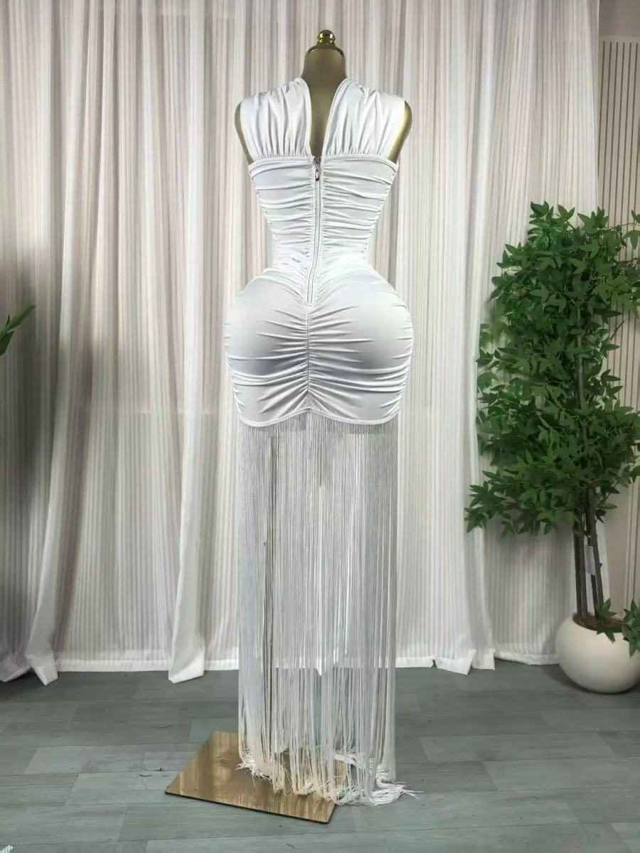 CM.YAYA Women Wraped Halter Neck Tassel Patchwork Stacked Midi Bodycon Maxi 2026 Spring Summer Holiday Party Trendy Long Dresses