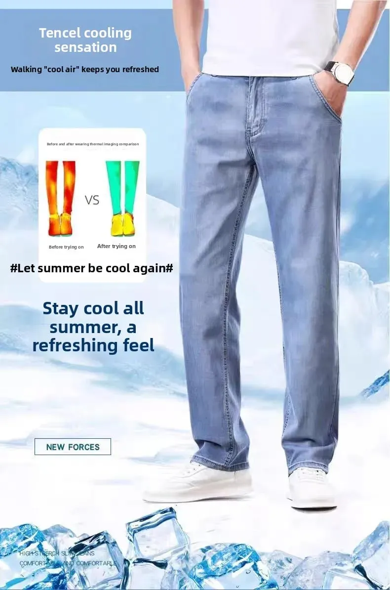 Summer Thin Wide Leg Pants Loose Fit Casual Ice Silk Jeans Men's Breathable Straight Cut Long Trousers Business Gentleman Style