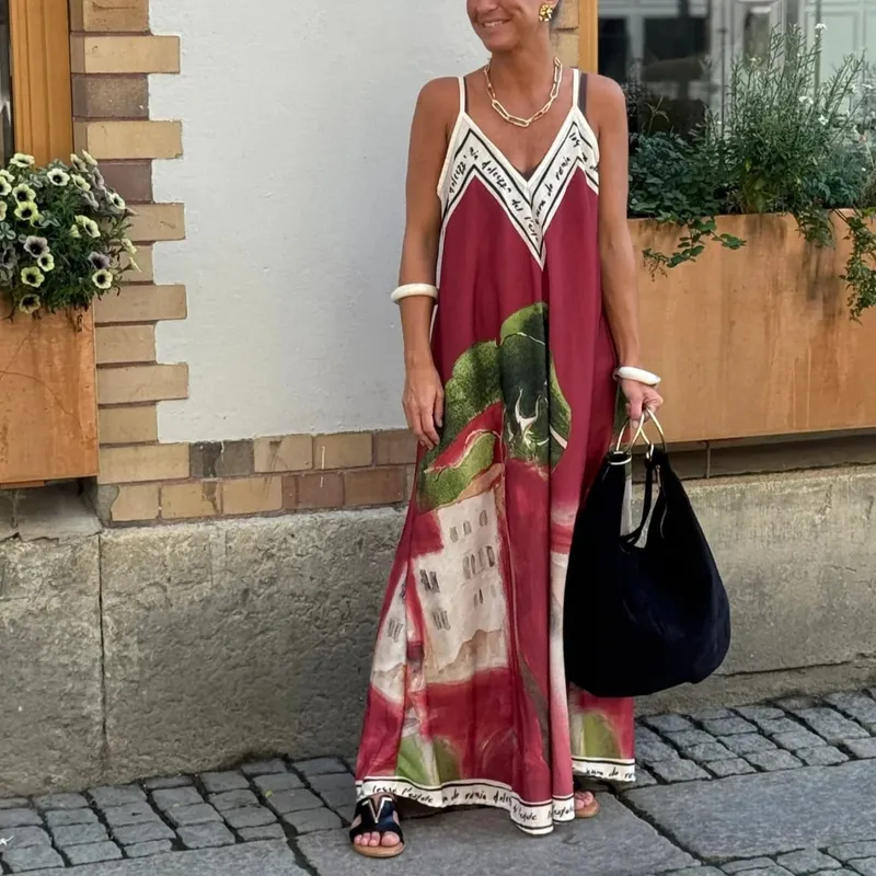 Casual Off Shoulder Hollow Swing Beach Dress Loose Suspender Summer Bohemian Dress Vintage Women V Neck Sleeveless Holiday Dress