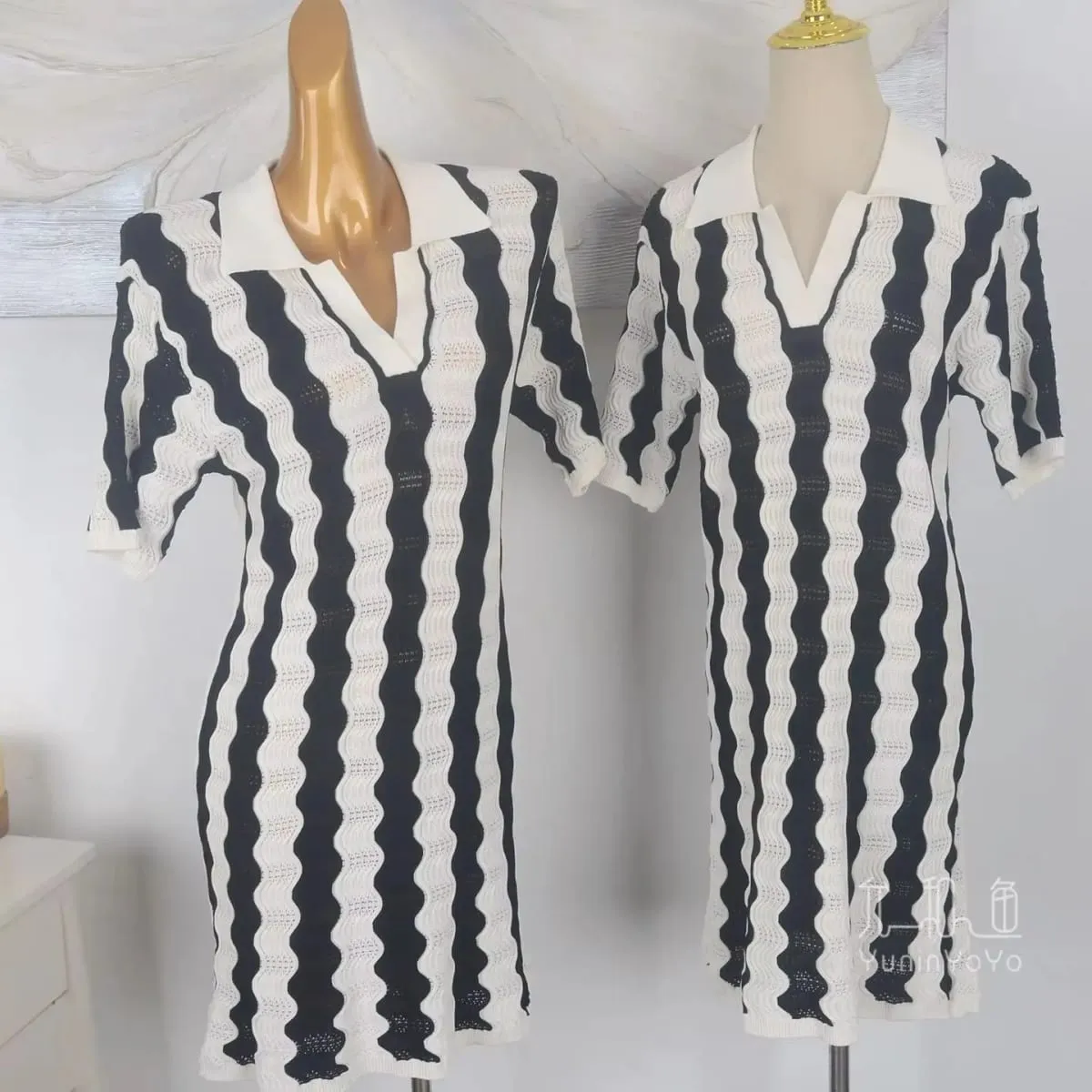 Polo Collar Half Vneck Wave Stripe Knit Dress Women Hollow Jacquard H-line Straight Short Dress Summer Elegant Ladies Mini Dres