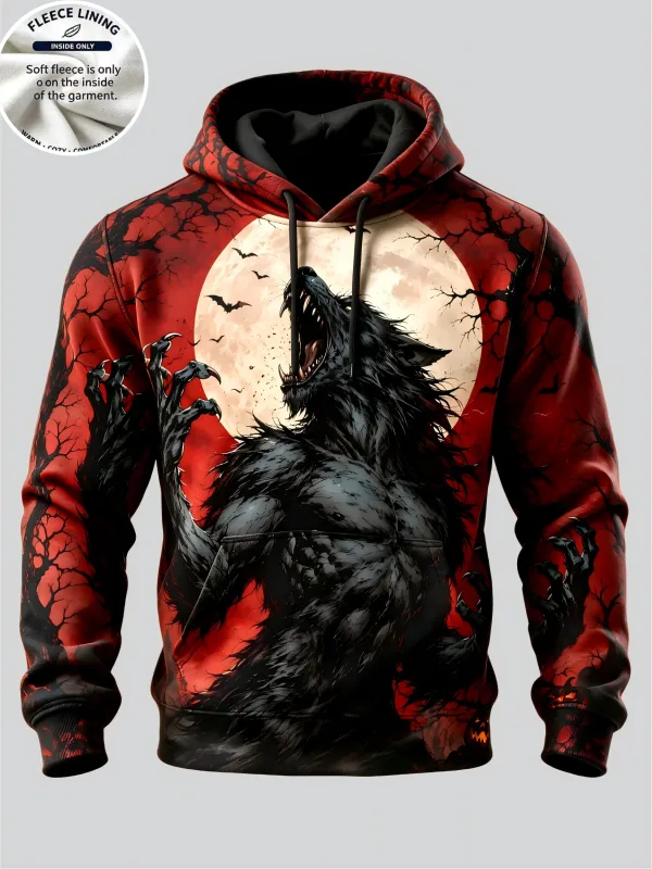 Men Fleece Lined Hoodie Halloween Werewolf Red Moon Print Pullover Hooded Sweatshirt Street Hoody