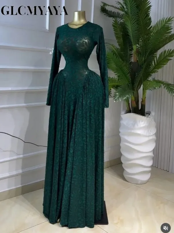 CM.YAYA Women O-neck Long Sleeve Pleated Inner A-line Maxi Dress 2026 Evening Sexy Party Birthday Vacation Long Dresses Vestidos