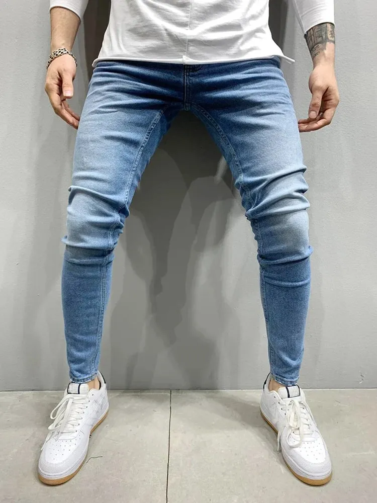 Jarní Pánské Černé Modré Kalhoty Pure Color Streč Džíny Street Ležérní Slim Fit Kalhoty Pánské Vintage Wash Skinny Jeans pro muže