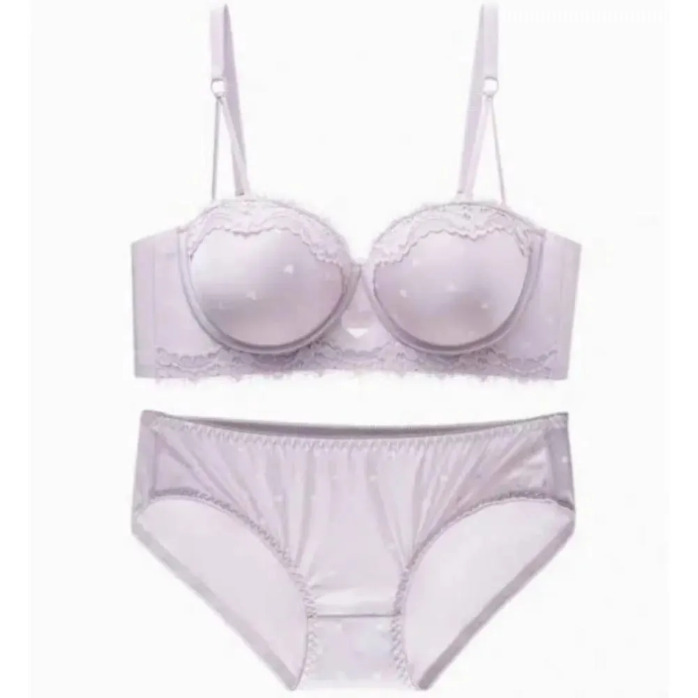 Sweet Girl Heart Lace Lingerie Set Push Up Bra For Small Bust Side Support Anti Sag Underwire Bra Briefs Soft Daily Wear 32-38AB