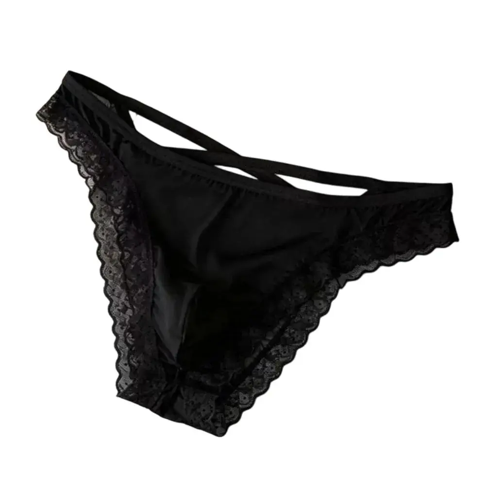 Men Side Strap Lace Briefs Silky Smooth Scalloped Floral Lace Low Waist Stretch Thin Underwear Sissy Panties