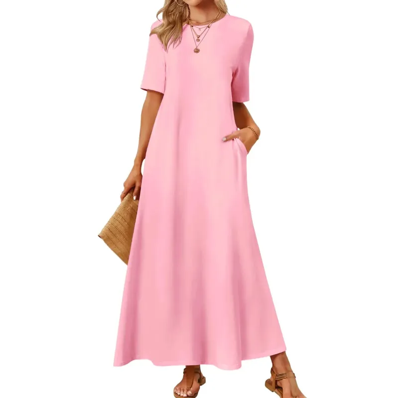 Nữ Mùa Hè Áo Đầm Tay Ngắn Cổ Tròn Đầm Maxi Có Túi Áo Đầm Sundress Màu Trơn Một Đường Áo Dài