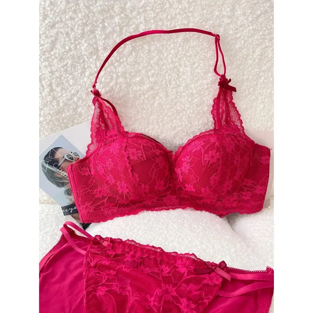Sweet Halter Neck Bow Lace Wireless Bra Sujetador Push-up Acolchado Señoras Capas Lencería íntima para busto pequeño Tamaño 32-38 ABC