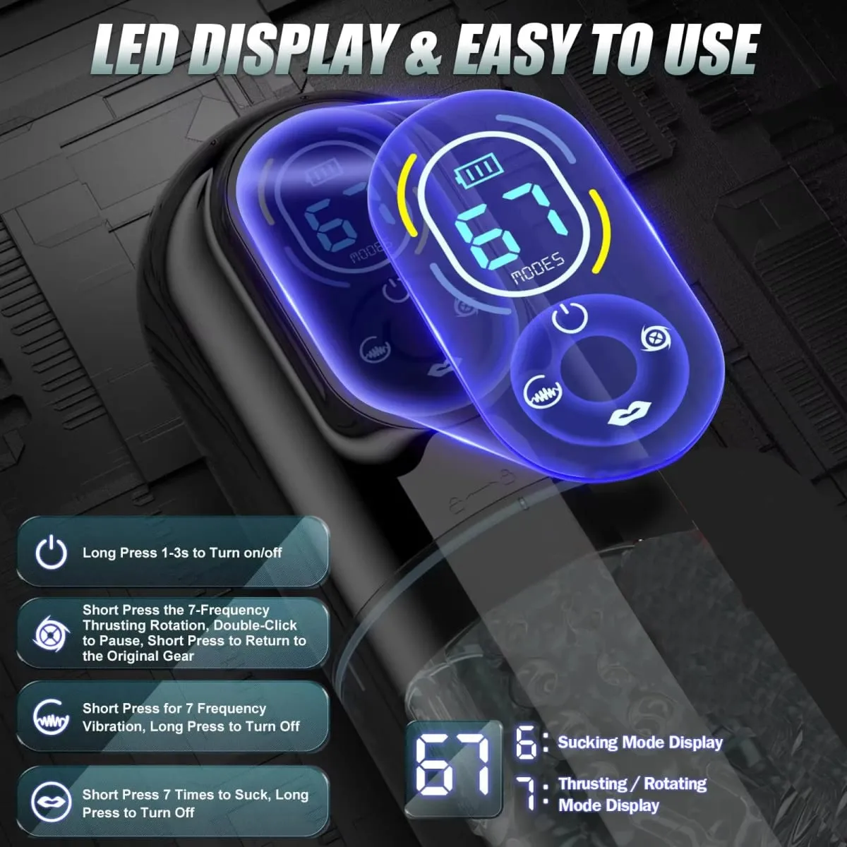 Neue automatische männliche Mastubator-Penispumpe mit LCD-Display und 7 vibrierenden rotierenden Stoß- und Leckmodi, Taschenmuschi-Sexspielzeug für Männer
