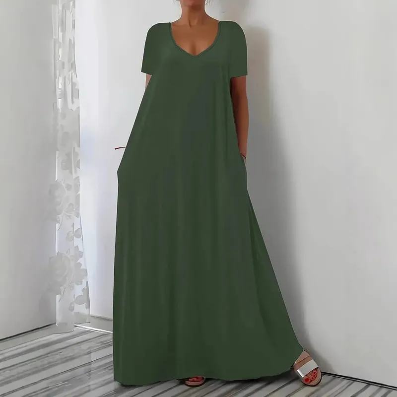 Grande taille été nouvelle jupe longue décontracté ample à manches courtes couleur unie col en v robe de grande taille pour les femmes