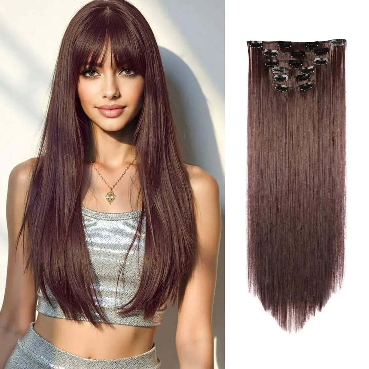 Synthetic Clip in Hair Extensions Clip in 6pcs set Straight Hair 22inch Thick Hairpieces for Women Girls Daily Party