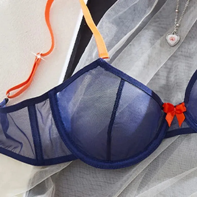 Kadın İç Giyim Lacivert Şeffaf Örgü İç Giyim Çelik Yüzükler Sütyen Turuncu Yay Thongs 2 Adet Seksi İç Giyim Kontrast Renk Intimates