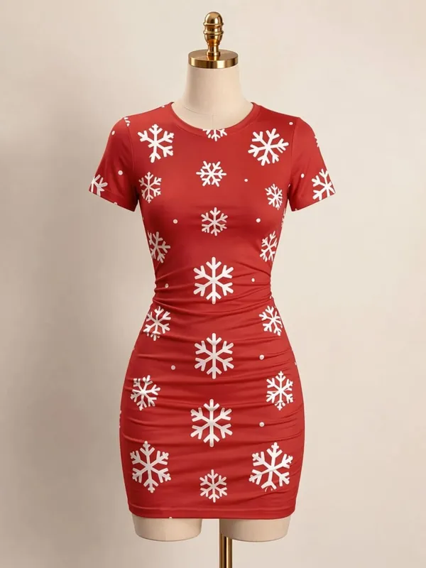Womens Short Sleeve Bodycon Mini Dress Slim Fit Crew Neck Floral Print Casual Summer Party Flattering Lightweight Party Sundress