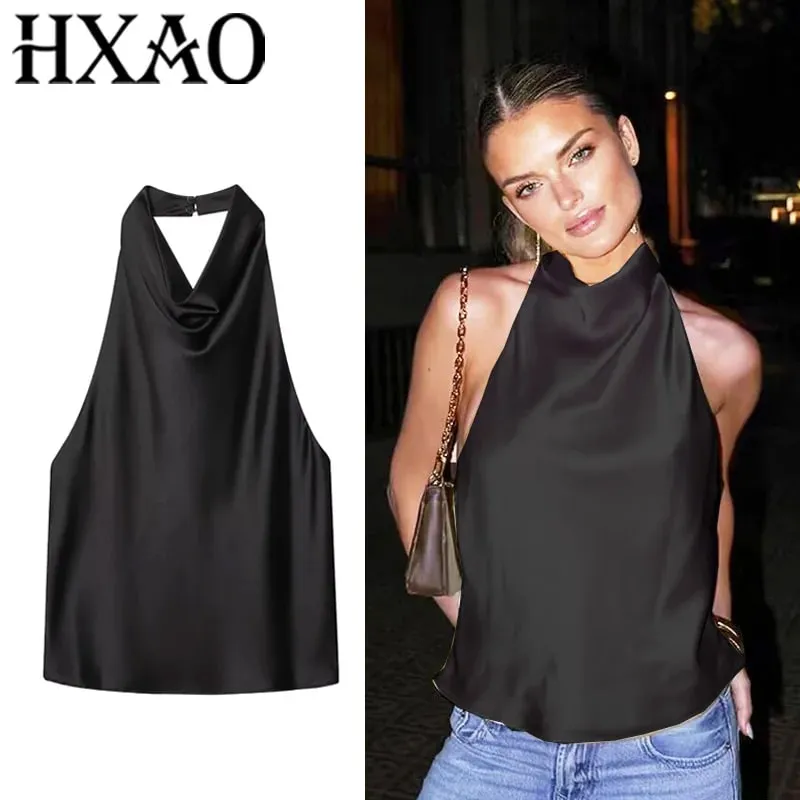 Women's Tanks Halter Top Women Sleeveless Green Crop Tops Summer Satin Party Evening Top Backless Sexy White Black Top