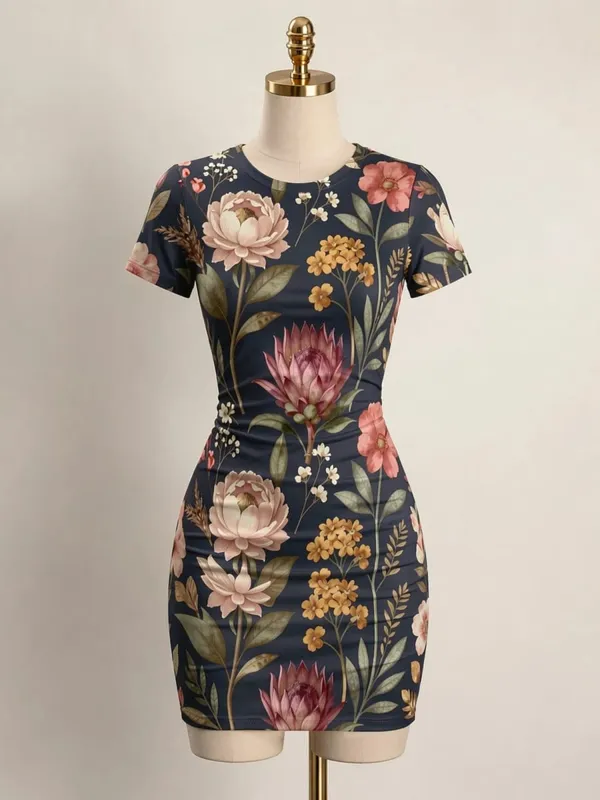 Kortærmet Dame Bodycon Minikjole Slim Fit Rundhals Blomsterprint Afslappet sommerfest Let flatterende festsolkjole