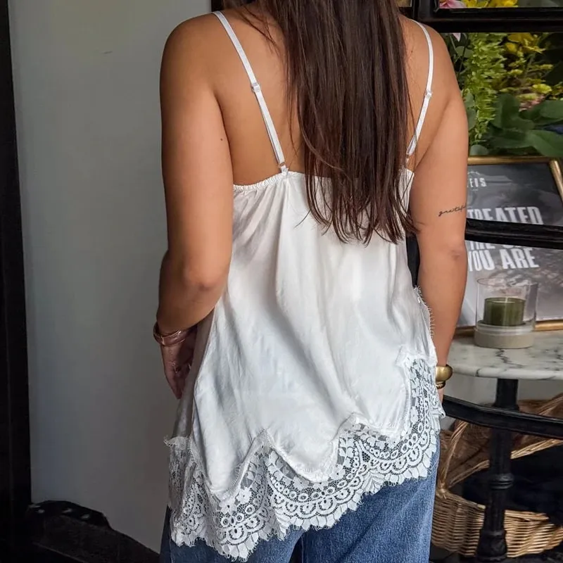 Asymmetrical Backless Spaghetti Strap Tank Cami Shirts Sexy V Neck Silk Camisole Tops Women Coquette Lace Trim Satin Tank Top