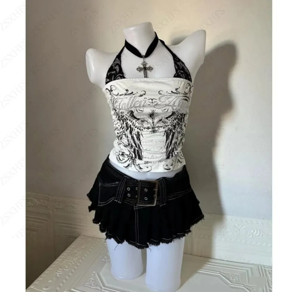 Sexy Lace Y2k Halter Tops Women Clothing Gothic Punk Girl Summer Sling Body Tees Grunge Slim Corset Harajuku Kpop Crop Top Emo