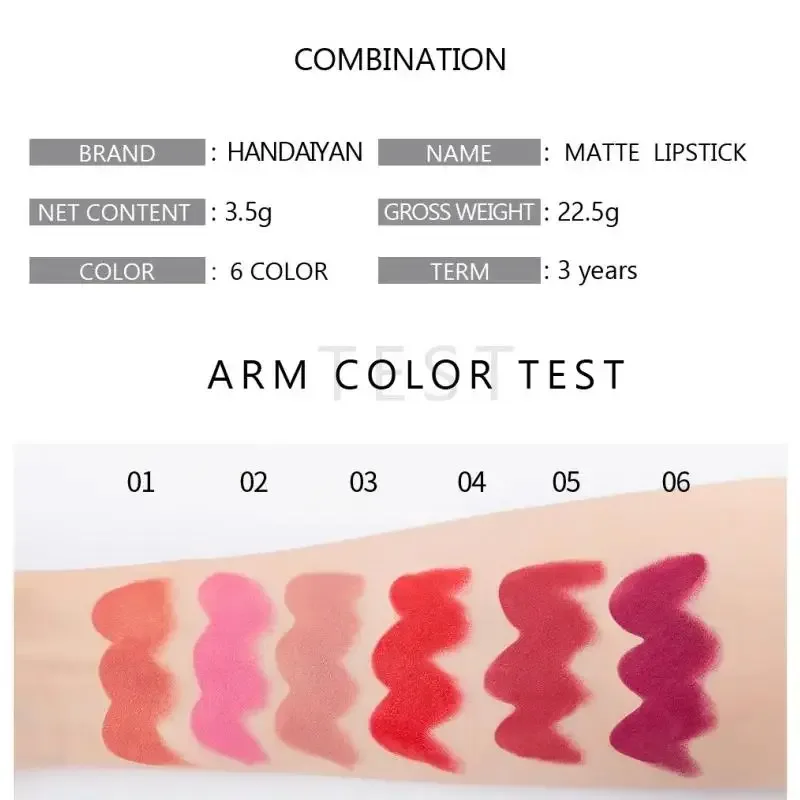 Batom hidratante fosco 6 tons de longa duração, sem transferência, brilho labial nude, cosméticos HANDAIYAN para mulheres